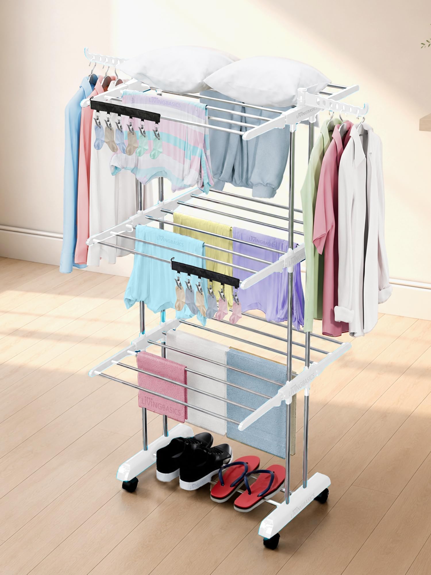 LIVINGBASICS 2 Icon Clips with 3 Layer Clothes Stand for Drying/Cloth Drying Stand for Balcony/Stainless Steel Dryer Rack (Snow White, 64 x 174 x 74 cm)