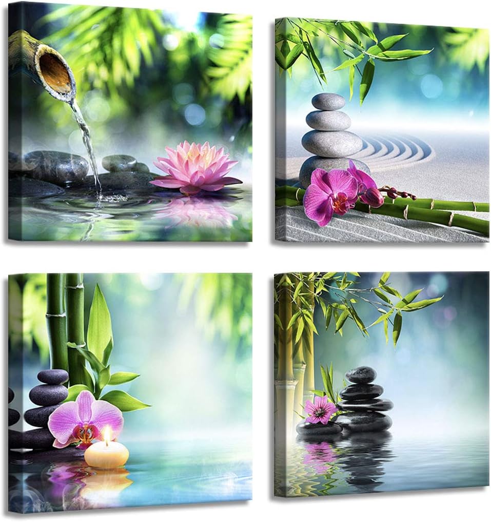 Yang Hong Yu - Canvas Prints Stones Flowers and Bamboo on Water SPA Theme Warm-Toned Photo on Canvas Wall Art Framed Modern Decor Paintings Giclee Artwork for Home Decoration 12x12inch