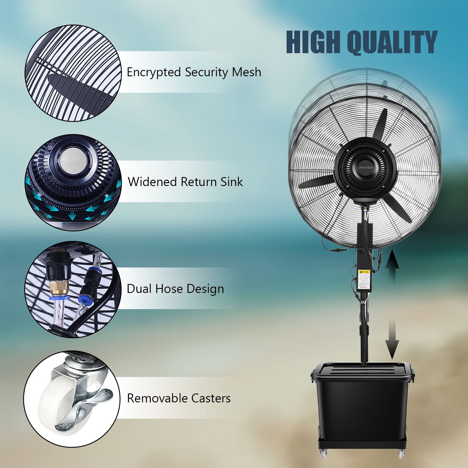 Ventilador nebulizador para Exteriores, Impermeable, con Altura Ajustable y oscilante de 90°, Ideal para gimnasios y garajes. Solución de refrigeración climas cálidos.
