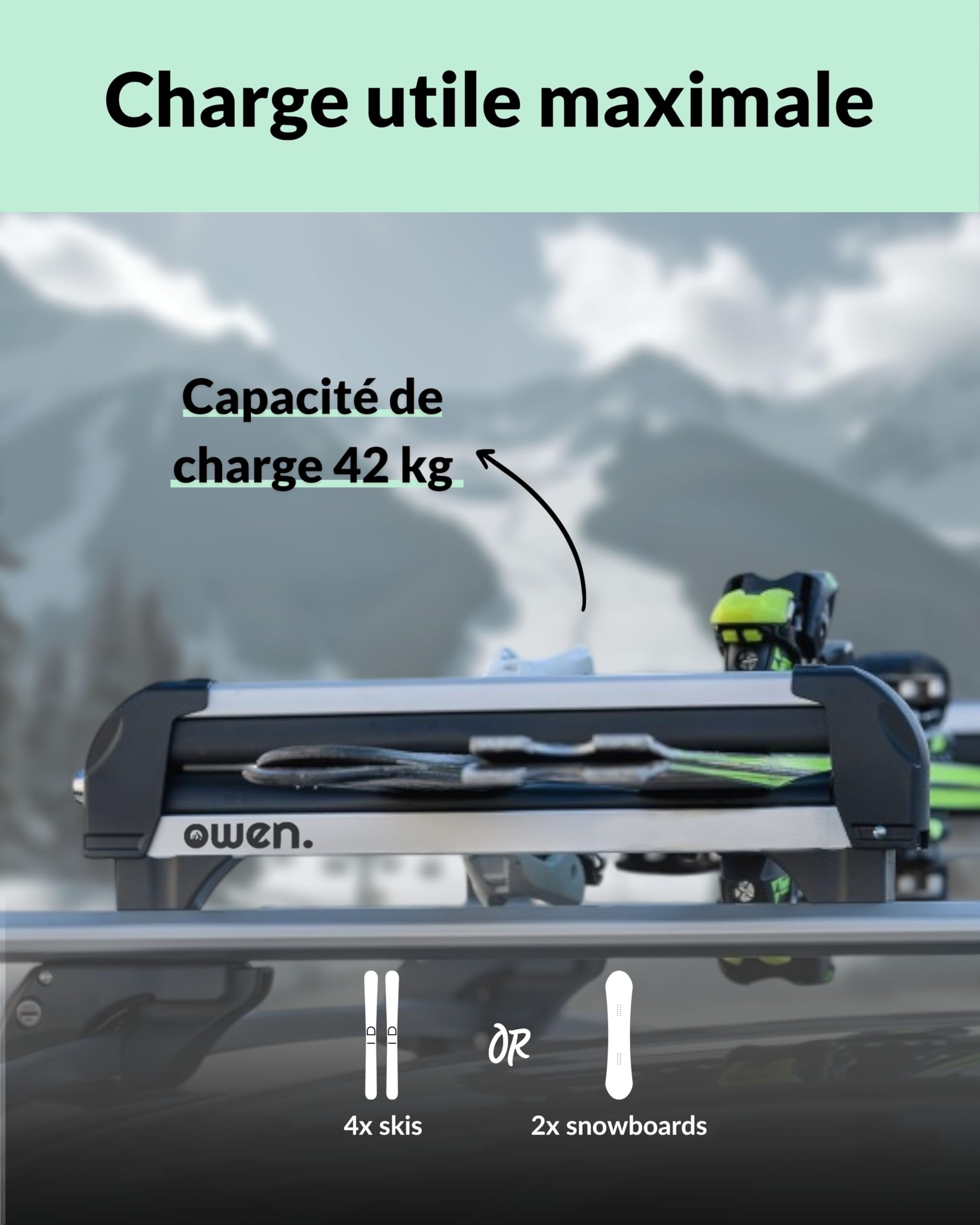 Owen Porte-skis Basic Argent | Aluminium | Pour 4 skies ou 2 snowboards | Capacité de charge 28 kg | DIN 75302:2019 & City-Crash certifié | Dimensions : 490 x 425 x 130 mm