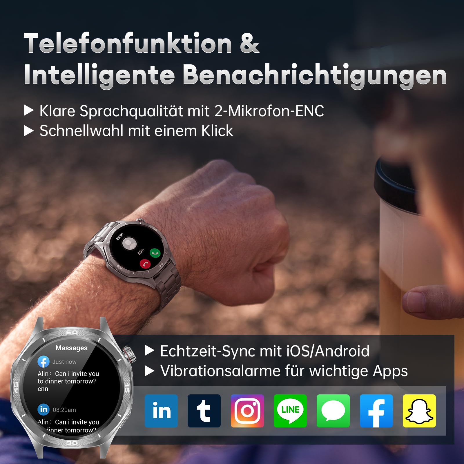 Smartwatch Herren, 1,52'' Robuste Fitnessuhr Rund mit 500mAh Langer Akku/IP68 Wasserdicht/120+ Sportmodi/Herzfrequenz/SpO2/Schlafmonitor/Telefonfunktion für Android iOS, Silber