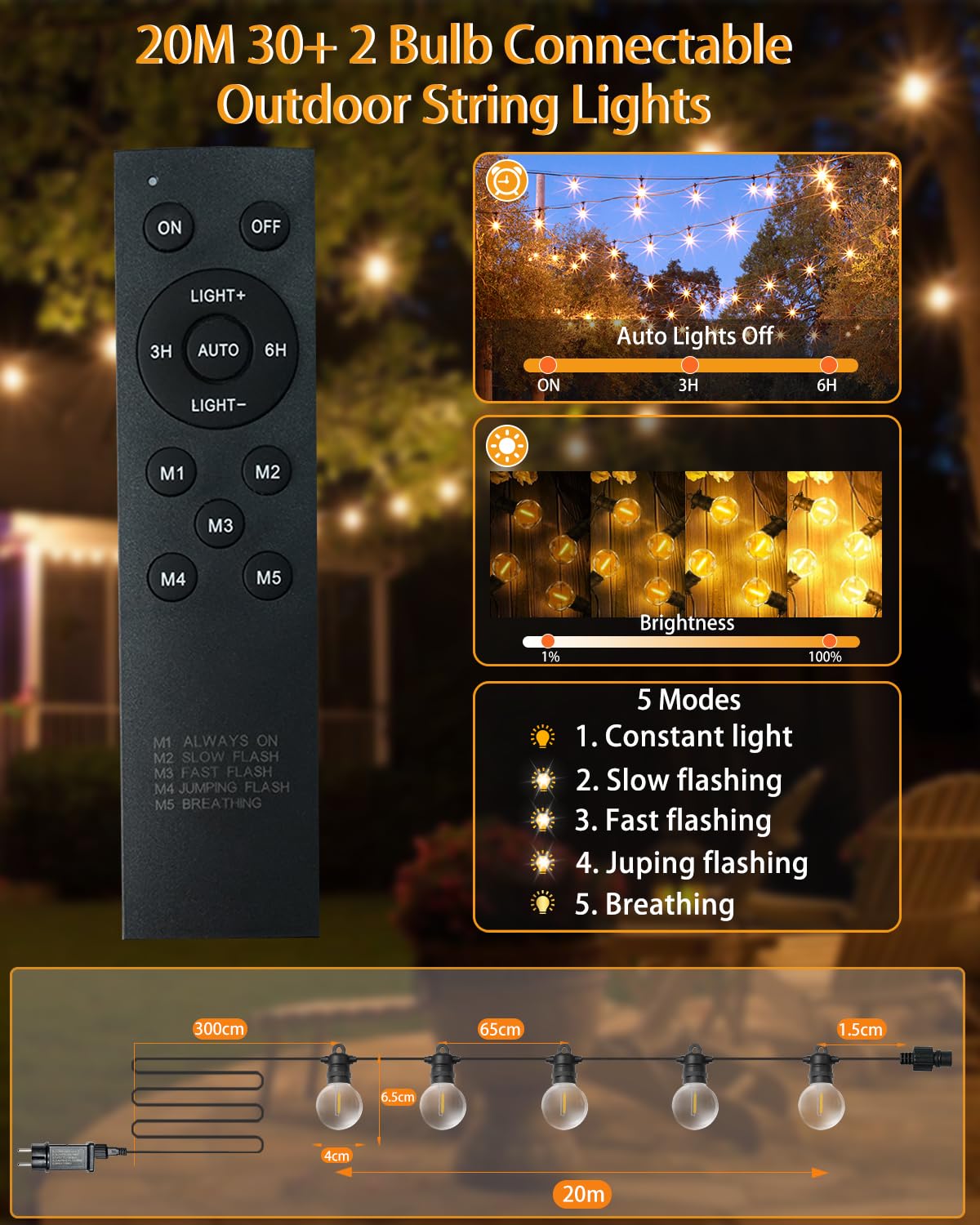 lP68 Cadena de luces LED para exteriores, bombillas G40, plástico ABS, cadena de luces para exteriores, solar, resistente al agua, para romántico, jardín, balcón (24 V, 20 m, 33 bombillas)