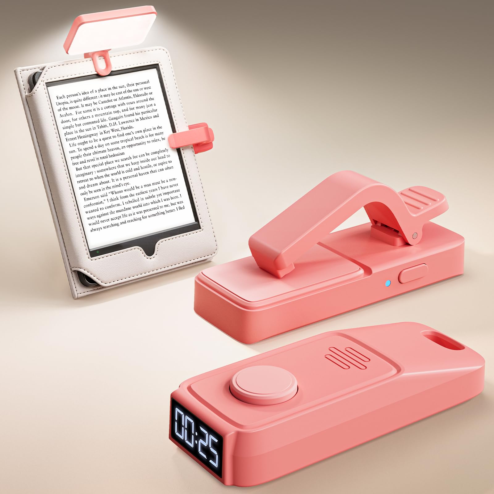 Page Turner Remote for Kindle with Reading Timer Display and Book Light Rechargeable for Kindle/ipad Reading in Bed, No Need to Remove Your Case (Pink)