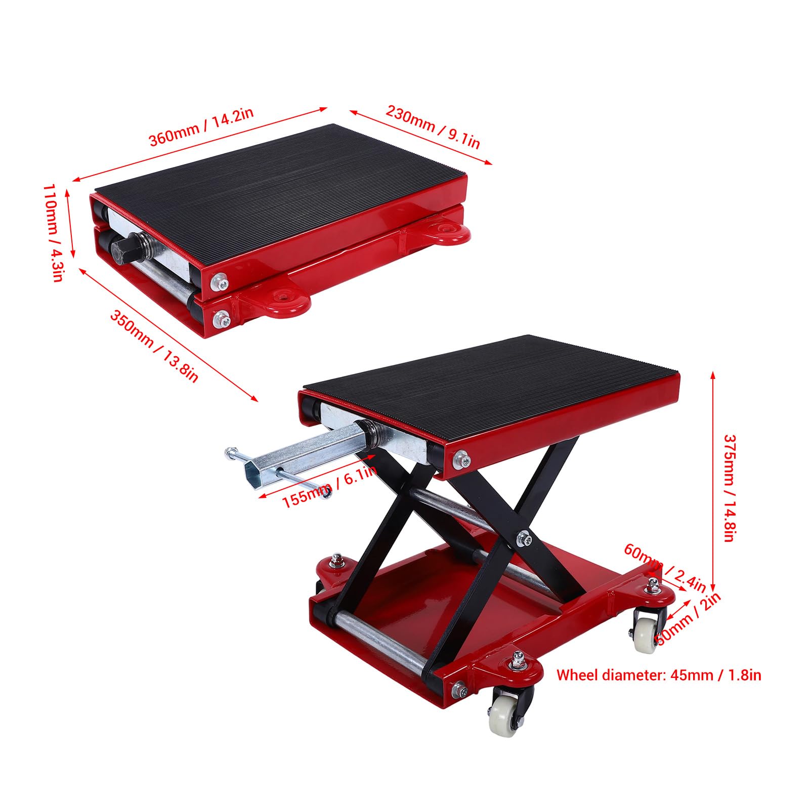 Akozon Gato Tijera para Moto 510kg de Capacidad, Rango de Elevación de 4,3 a 14,7 Pulgadas, Plataforma Ancha con 4 Ruedas para Motos Cruiser, Touring y Callejeras