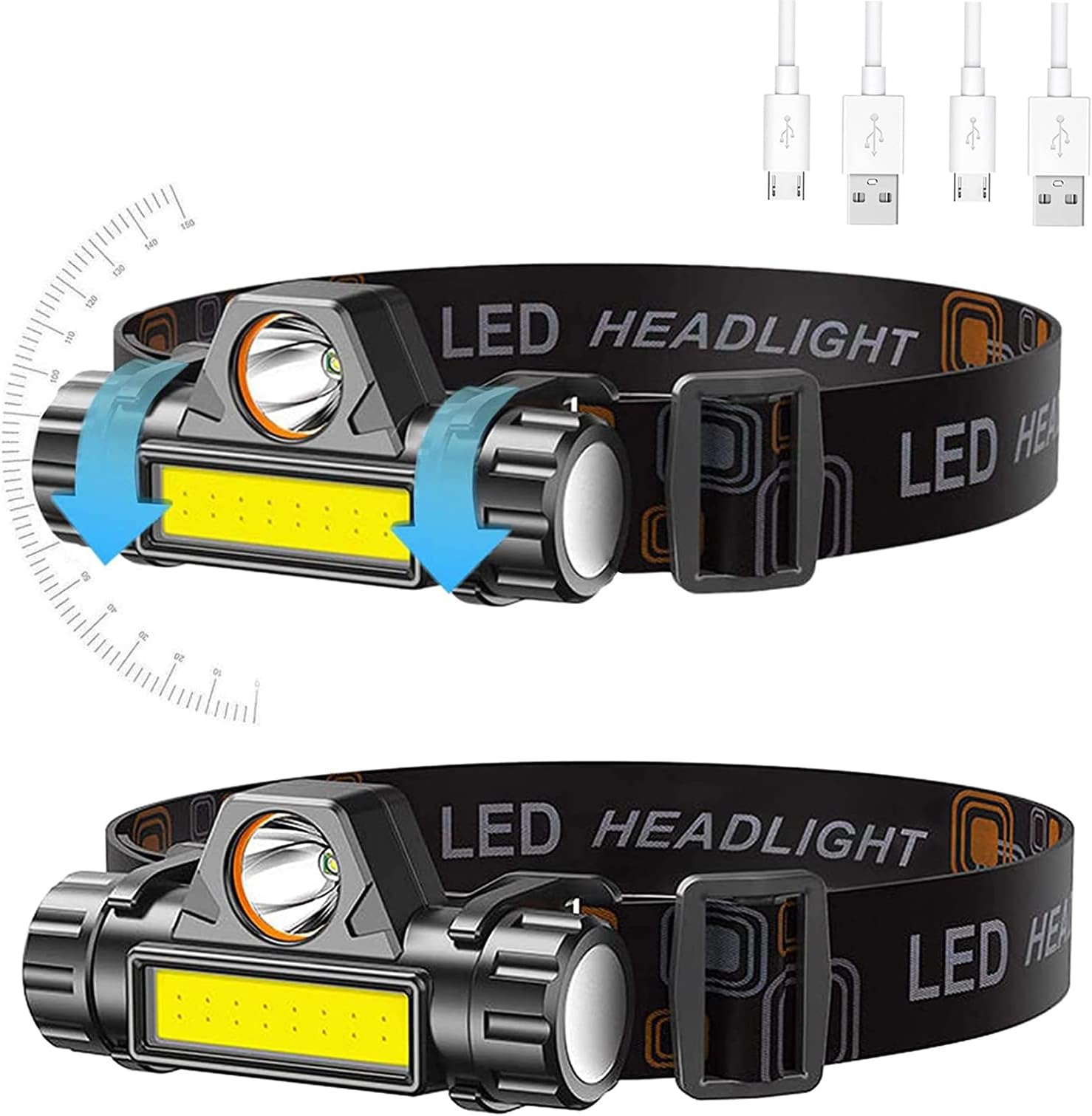 2000 mAh Rechargeable Headlamp Flashlight 2-Pack, COB&LED Headlamps, Adjustable Angle 90°, IPX4 Waterproof, 400 Lumens, 18650 Battery, Continuous Lighting 8-12 Hours for Outdoor, Camping, Runninglamp