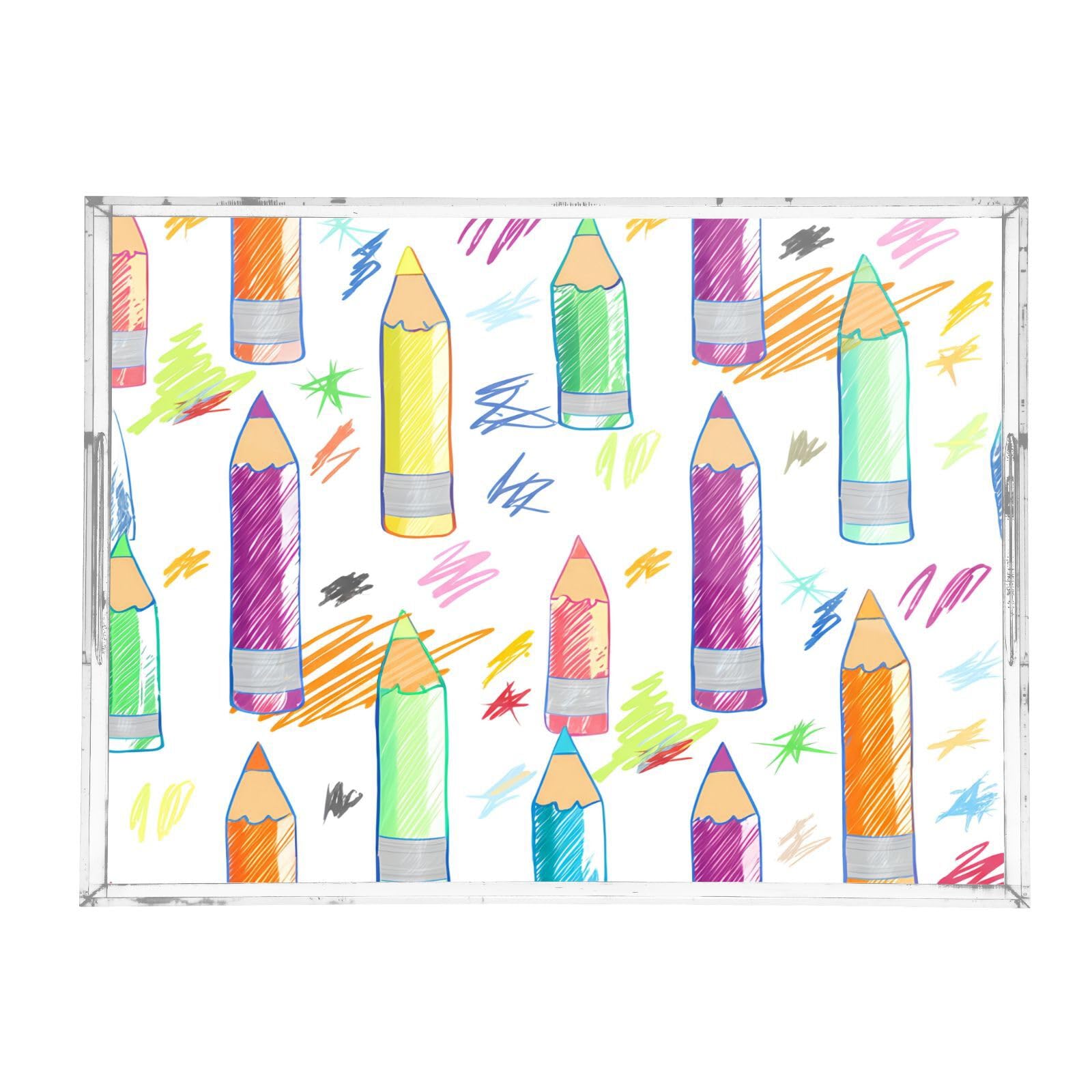 BOESI Doodle Color Pencils Acrylic Decorative Dining Tray, Acrylic Decorative Tray Organizer with Handle for Kitchen, Dining Room, Bathroom, Dresser