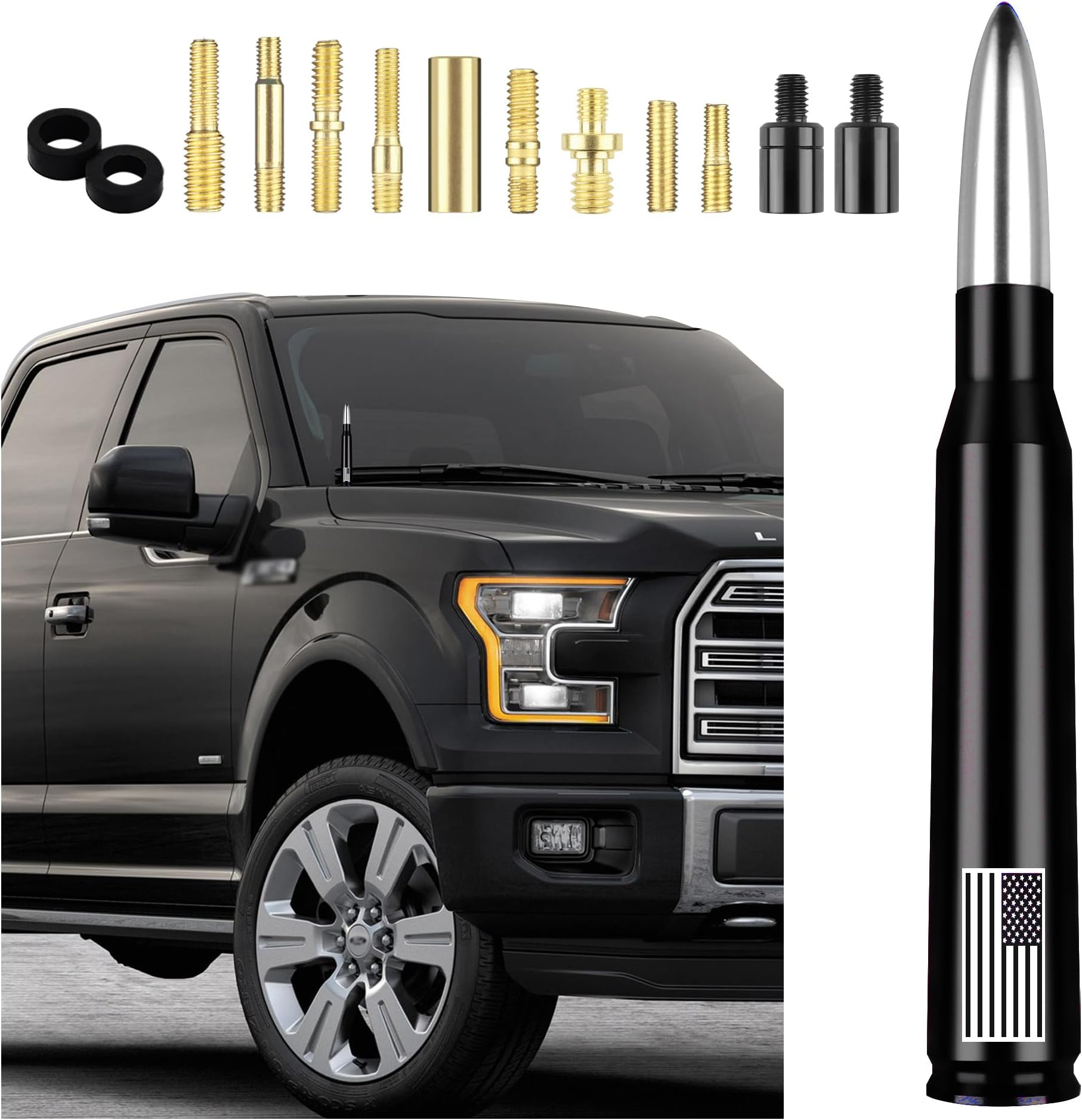 American Flag Car Bullet Antenna,Truck Exterior Decoration Accessories[New Upgrade Flag Design] Car Antenna Replacement for Car SUV Truck Most Auto Cars Antenna Accessories (Silver)