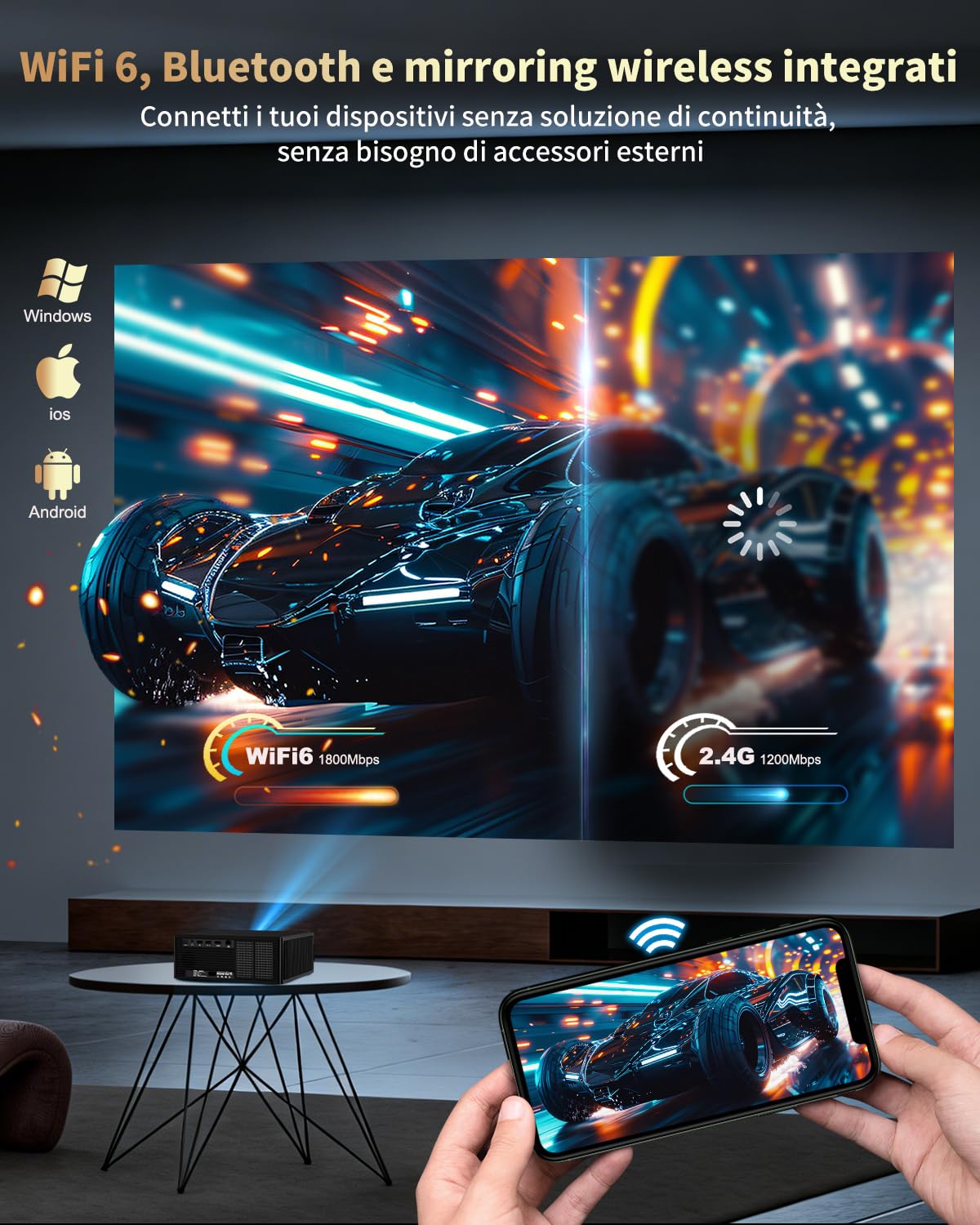 Proiettore 4K intelligente, 1080P nativo Full HD per esterni (giardino/camera da letto), 1200 ANSI, tiro corto, messa a fuoco automatica, correzione Keystone, audio HiFi, WiFi 6, app integrate