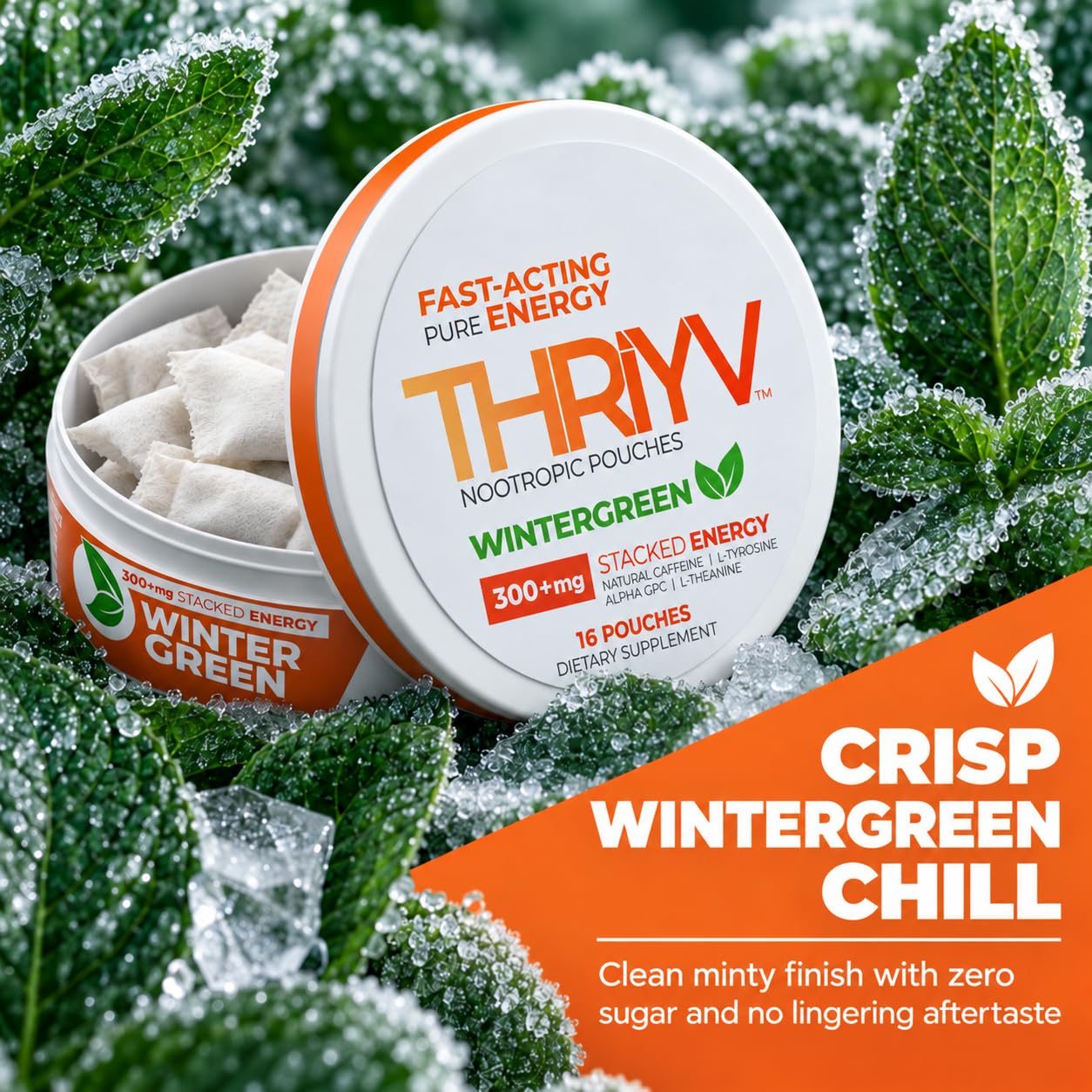 THRIYV Wintergreen Nootropic Energy Pouches, 50mg Caffeine, 16 Count — Amazon image 4