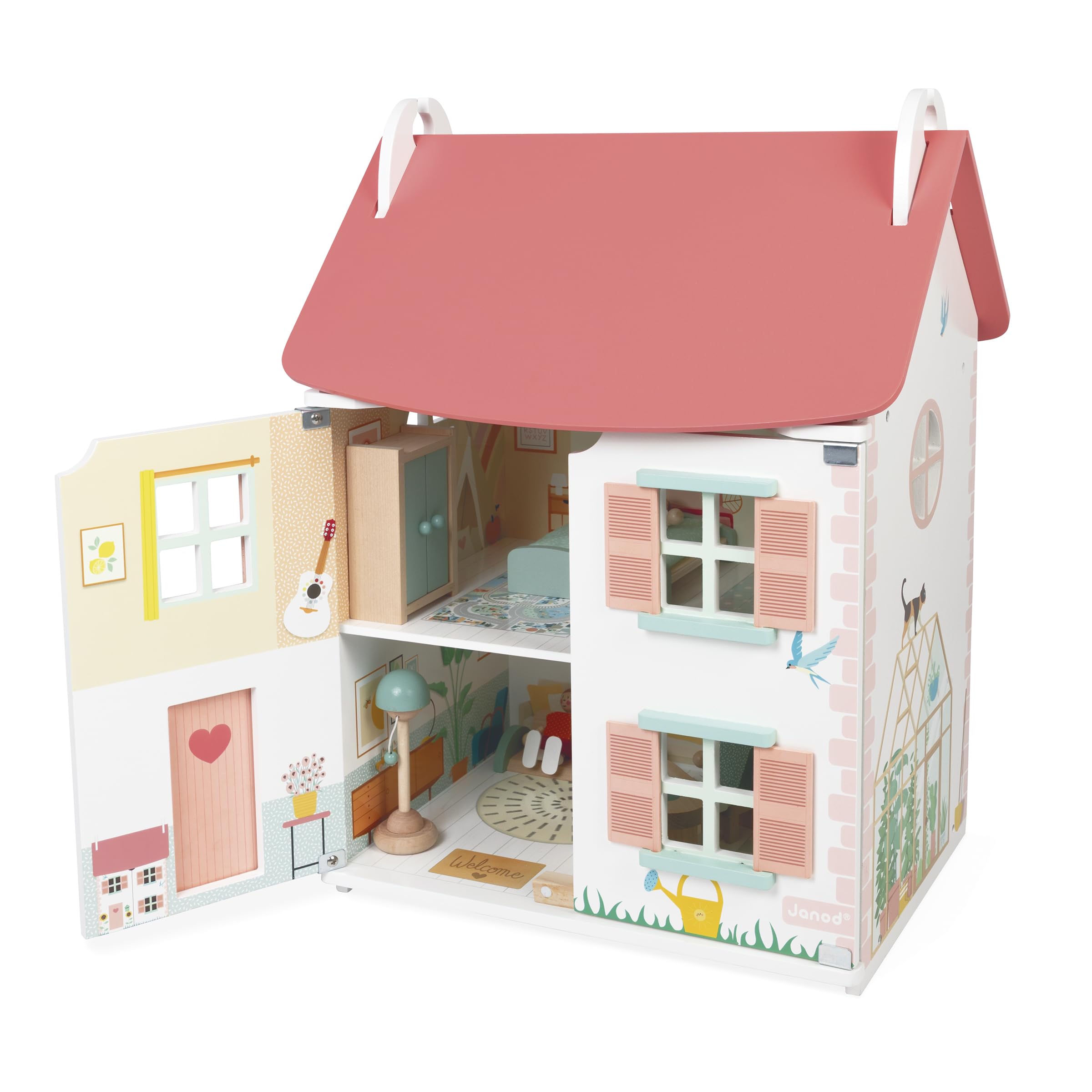 Janod - La mia Prima casa delle Bambole in Legno - 10 Accessori - Mobili per Bambole - Porte magnetiche e Tetto Rimovibile - Giocattolo in Legno FSC - dai 3 Anni
