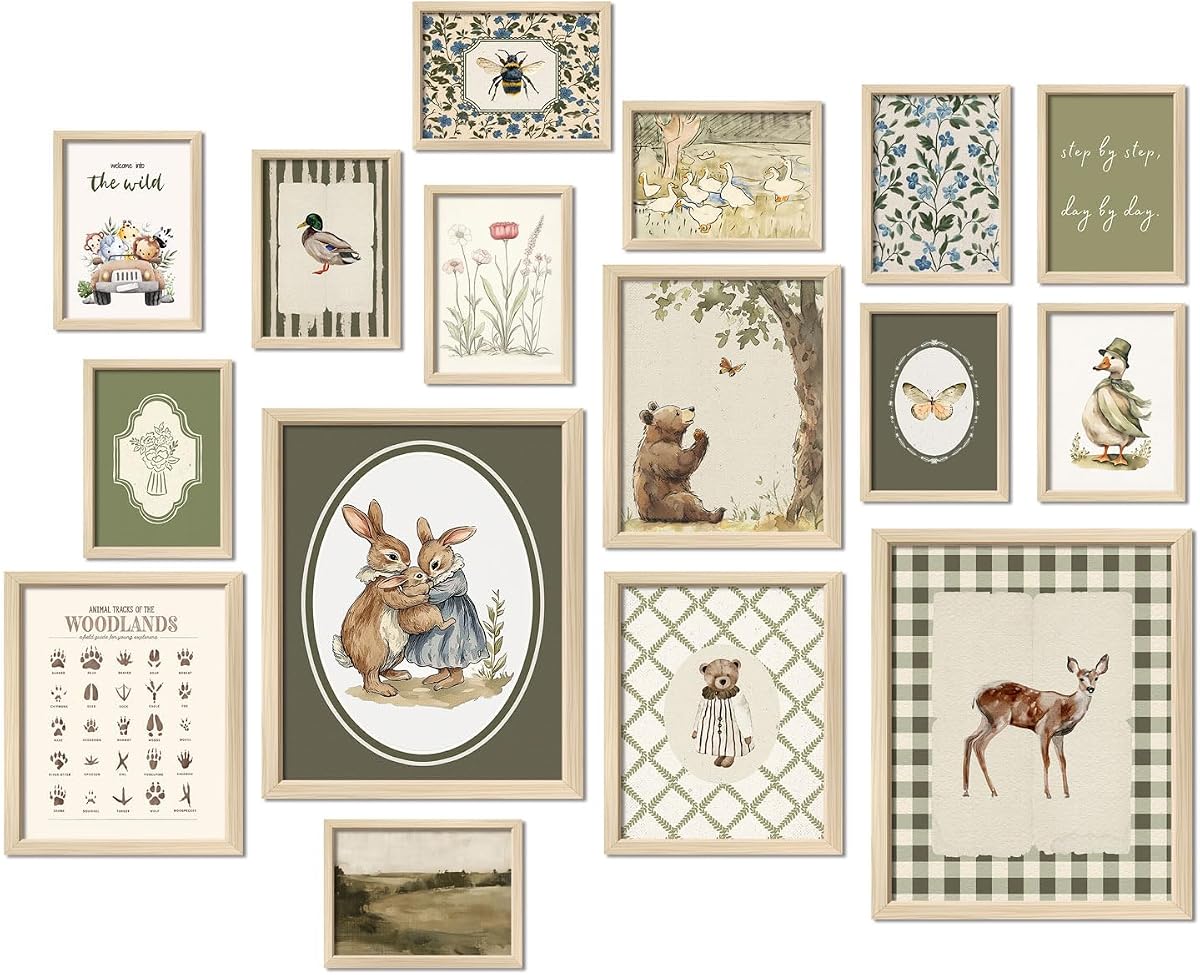 16 piezas de decoración de pared para guardería de bosque, decoración vintage para guardería de bebé y niño, decoración de habitación para niños pequeños, decoración de sala de juegos, animales de color verde salvia, impresiones de pared de galería ecléctica, oso pato ganso conejo