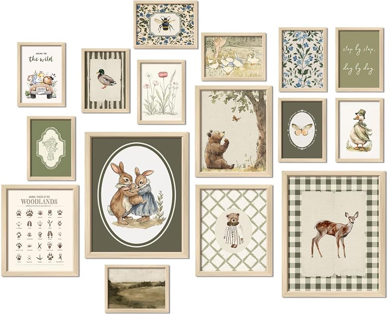 16 piezas de decoración de pared para guardería de bosque, decoración vintage para guardería de bebé y niño, decoración de habitación para niños pequeños, decoración de sala de juegos, animales de color verde salvia, impresiones de pared de galería ecléctica, oso pato ganso conejo