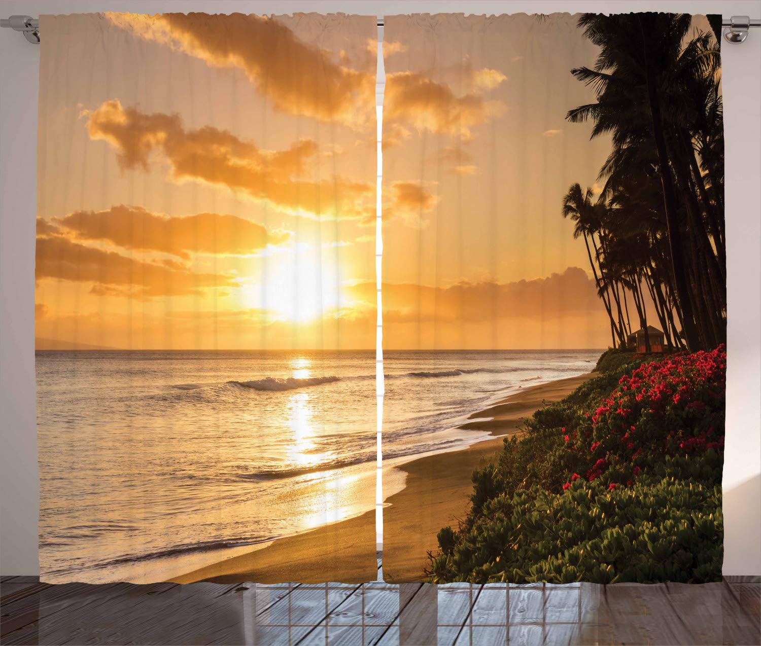 ABAKUHAUS Hawaiian Curtains, Warm Tropical Sunset on Sands of Kaanapali Beach in Maui Hawaii Traveling, Living Room Bedroom Window Drapes 2 Panel Set, 89 L X 110 W, Orange Green Pink