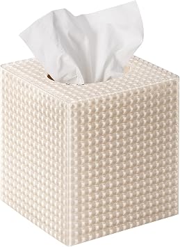 Tissue Box Cover, Square Modern Facial Acrylic Tissue Holder, Aesthetic Cube Napkin Dispenser Accessories for Bathroom Vanity Countertop, Night Stand, Office Beige