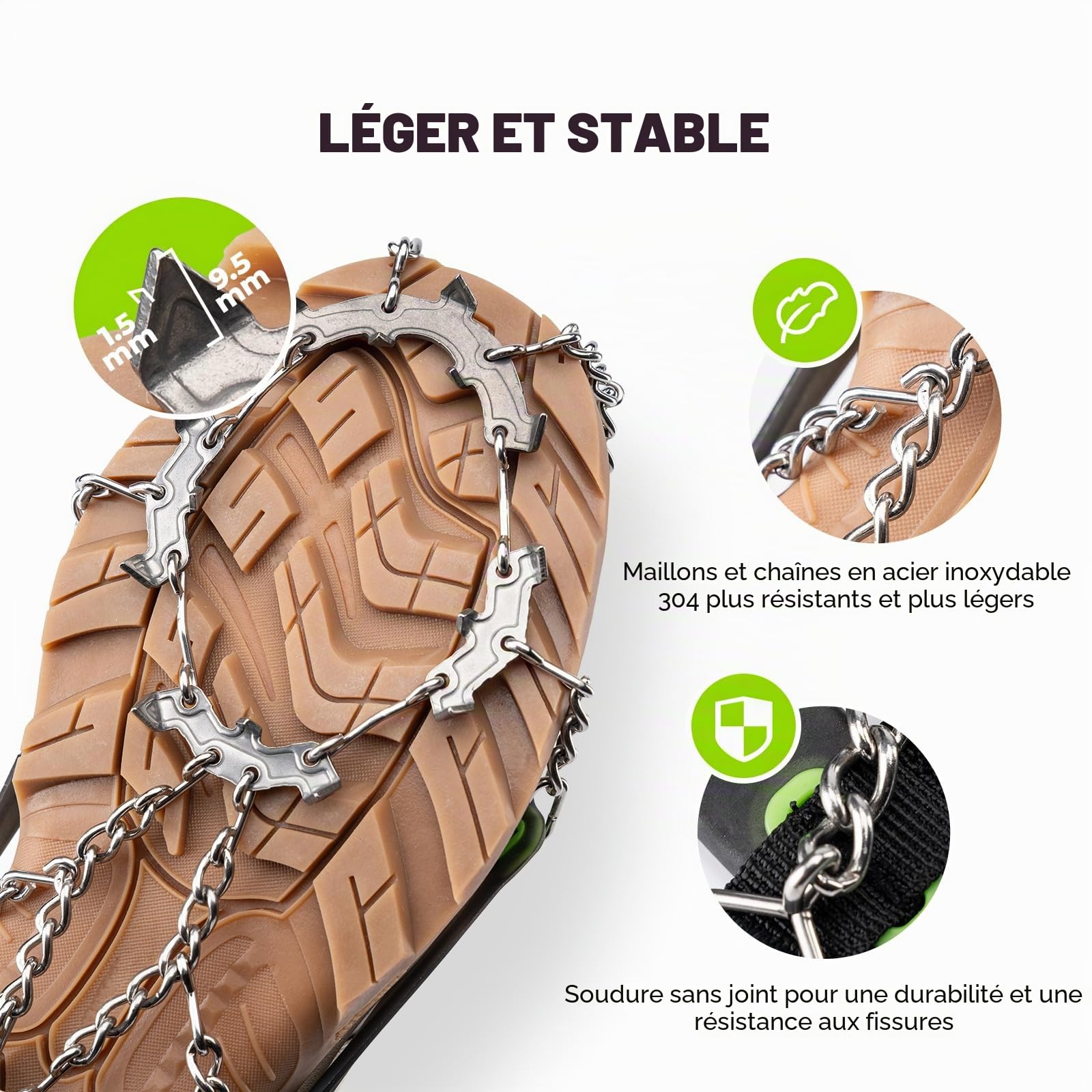 Crampons Antidérapants avec 22 Pointes en Acier Inoxydable, Chaussures d’Alpinisme Antiglisse pour Homme Femme, Randonnée, Trail, Pêche sur Glace, avec Pochette, Noir Vert, S/M/L