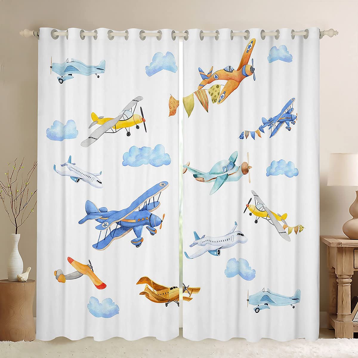 Kids Cool Aircraft Window Drapes 3D Airplane Window Curtains for Bedroom Living Room for Boys Girls Cute Aircraft Window Treatments Plane Airliner Clouds W46*L72 โ image 1