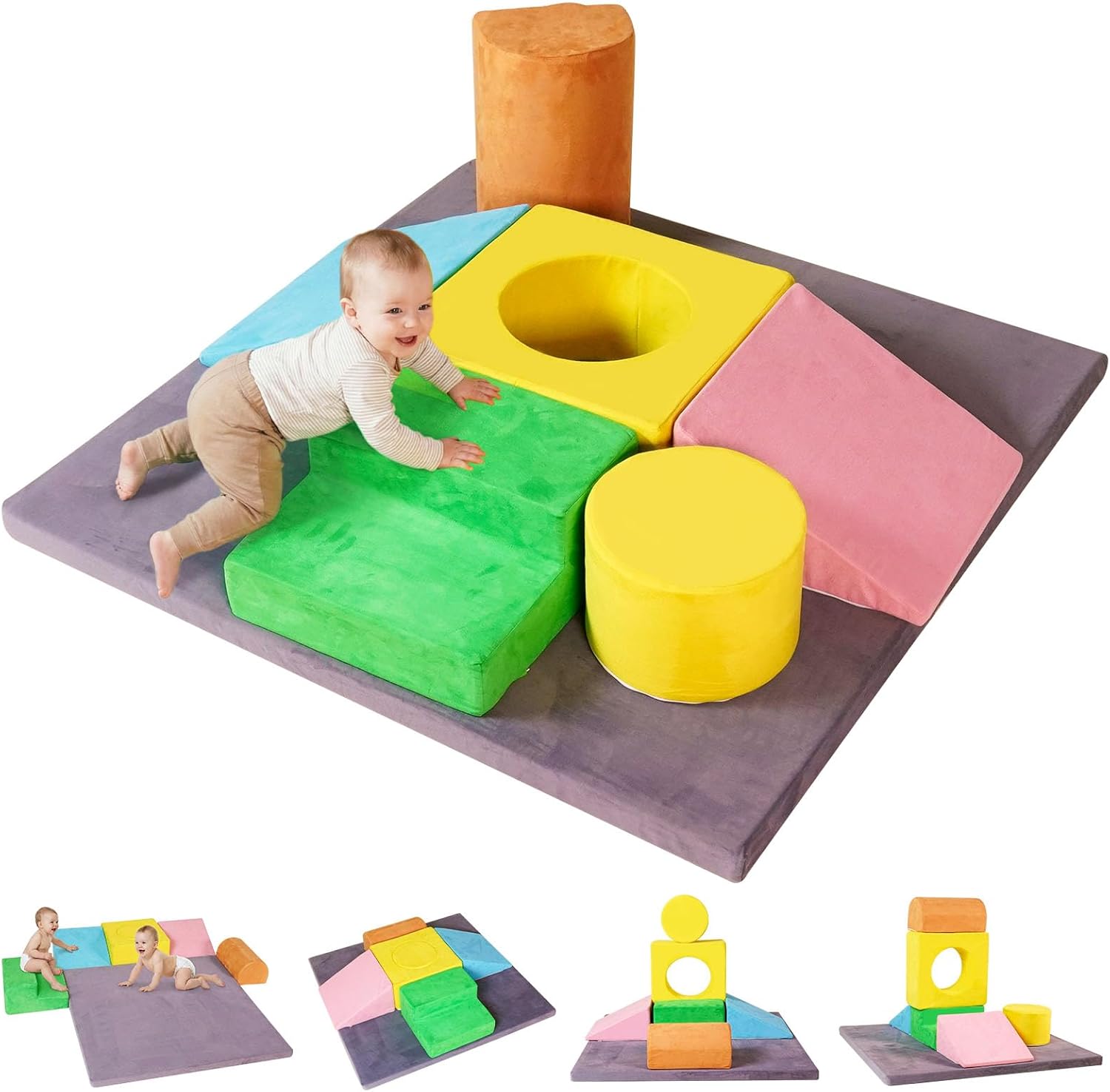 7-Piece Foam Climbing Blocks for Toddlers, Toddler Climbing Toys Indoor, Climb and Crawl Soft Foam Play Set with 47x47 Inch Baby Play Mat for Floor, Soft Play for Crawling and Sliding