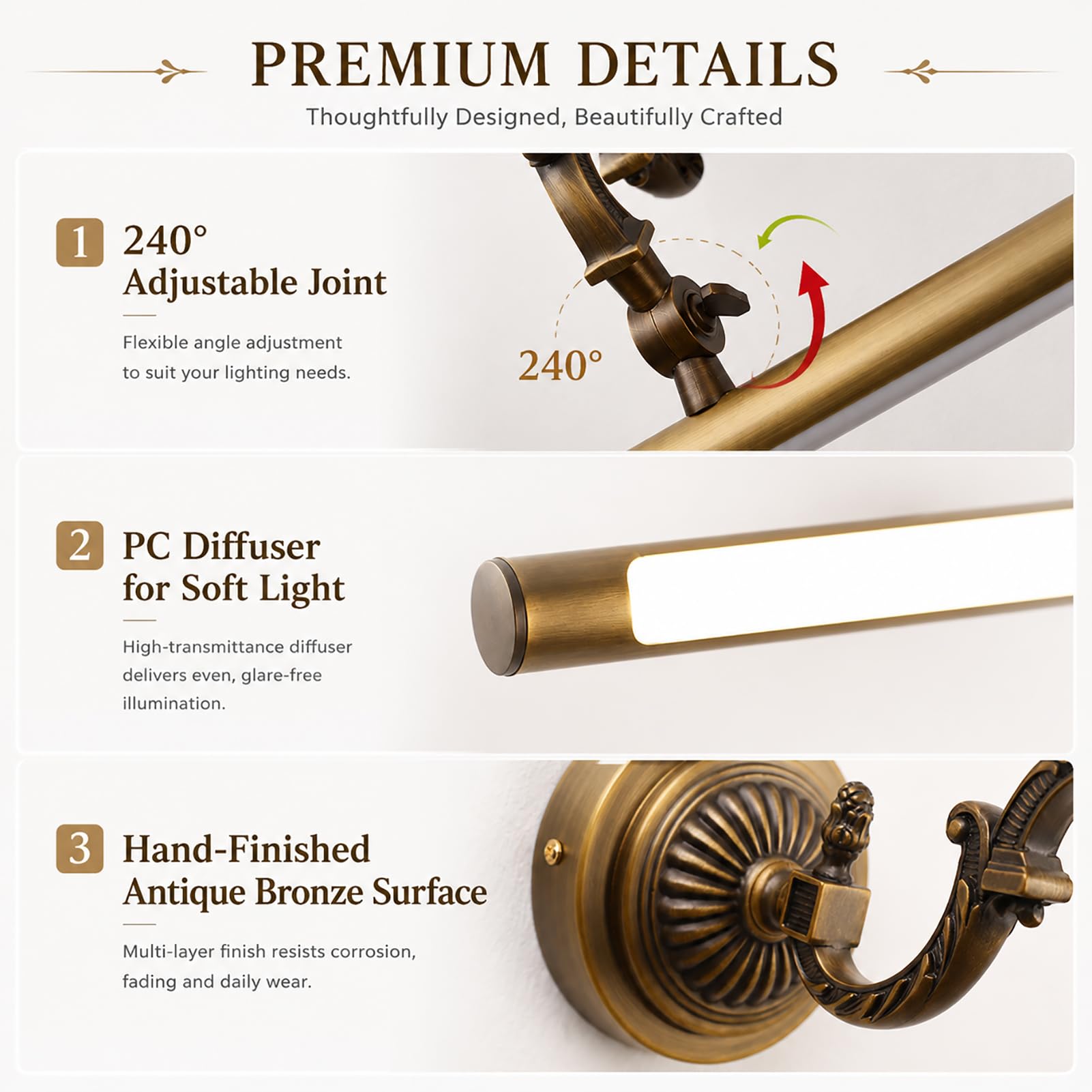 LED Spiegelleuchte Vintage, Badlampe Spiegel IP66, 240° verstellbares Gelenk, 4000K 800lm, Bad Lampe über Spiegel aus H65 Messing, Antik Bronze für Bad, Schrank und Schminktisch,35 cm / 7W