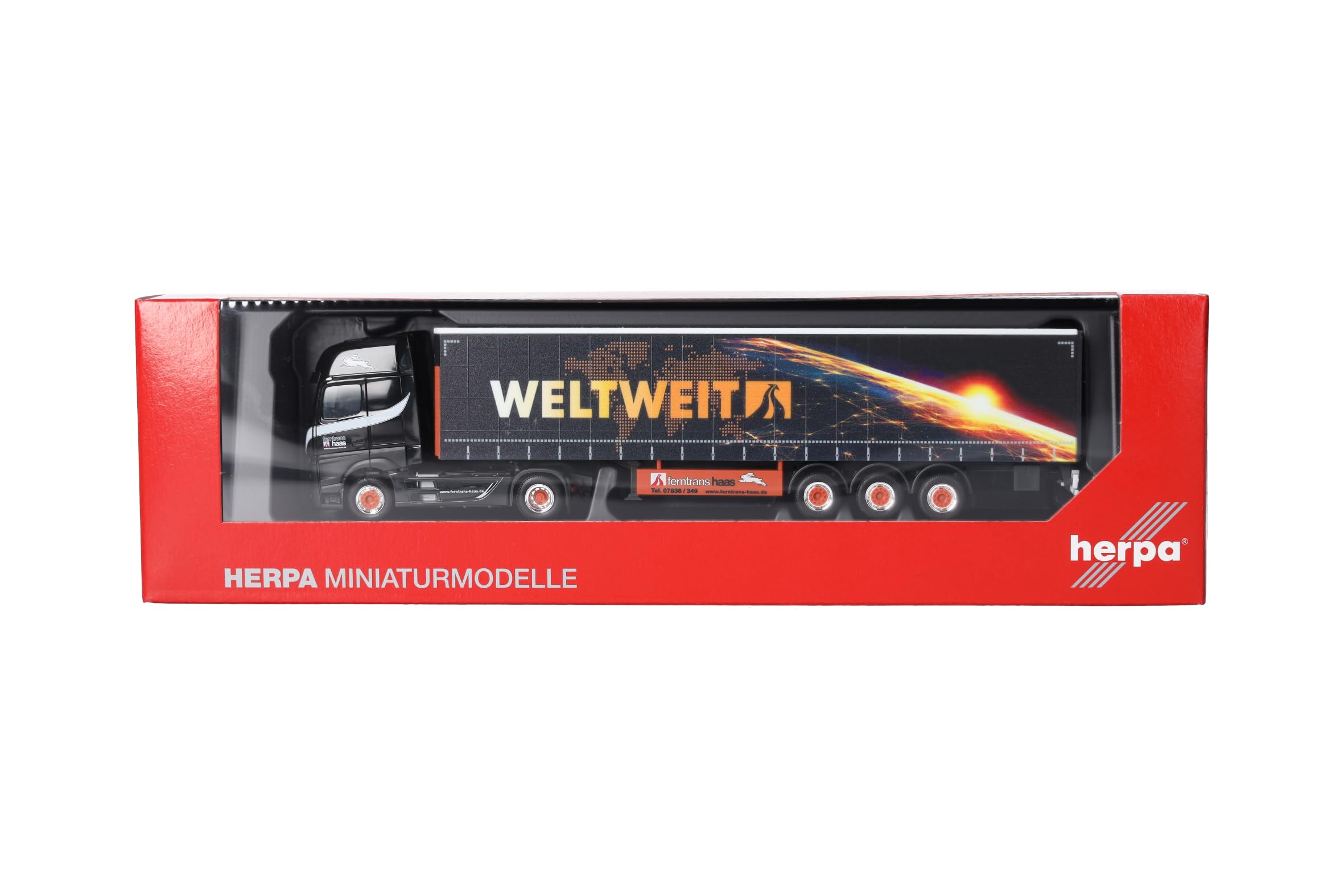 Herpa modèle réduit Camion Mercedes-Benz Actros L 18 Gigaspace Semi-remorque bâchée « Ferntrans Haas/weltweit », Miniature à l’échelle 1:87, pièce de Collection, Made in Germany, Plastique - 5