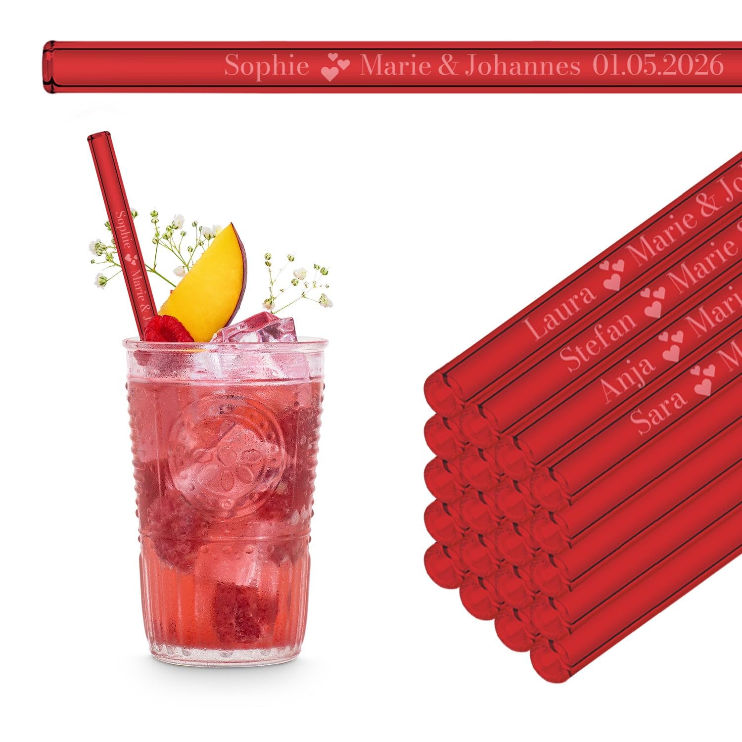 Regalos para bodas con nombres o textos individuales grabados, 50 x 20 cm, color rojo, pajitas de cristal personalizadas con grabado para comunión, bautizo, despedida, educador o regalo de boda