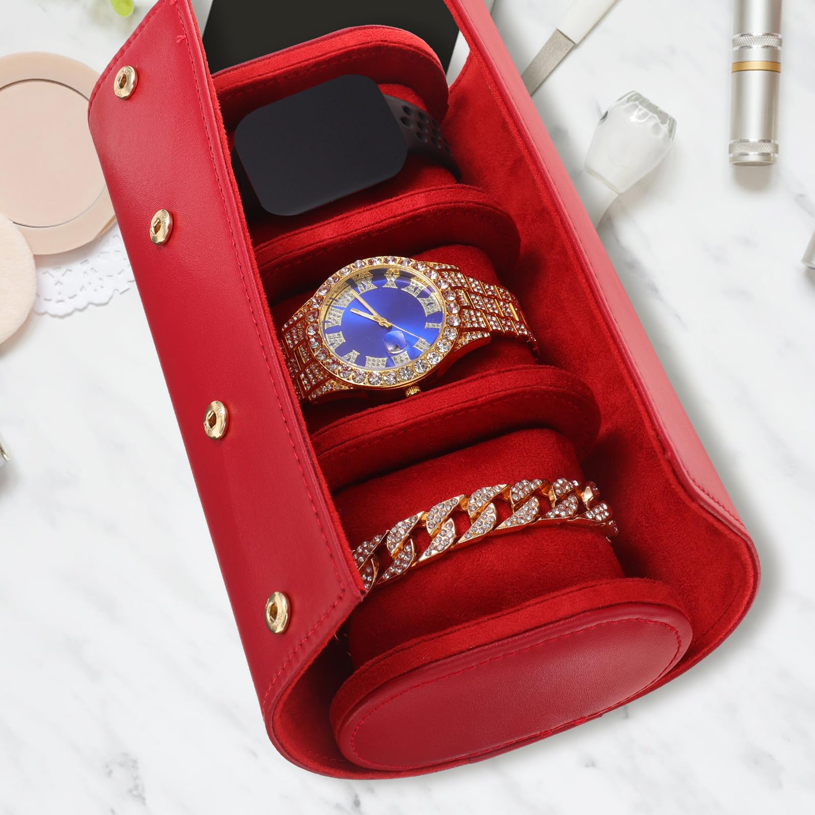 SHINEOFI Estuche Enrollable para Relojes de Cuero Rojo 3 Compartimentos