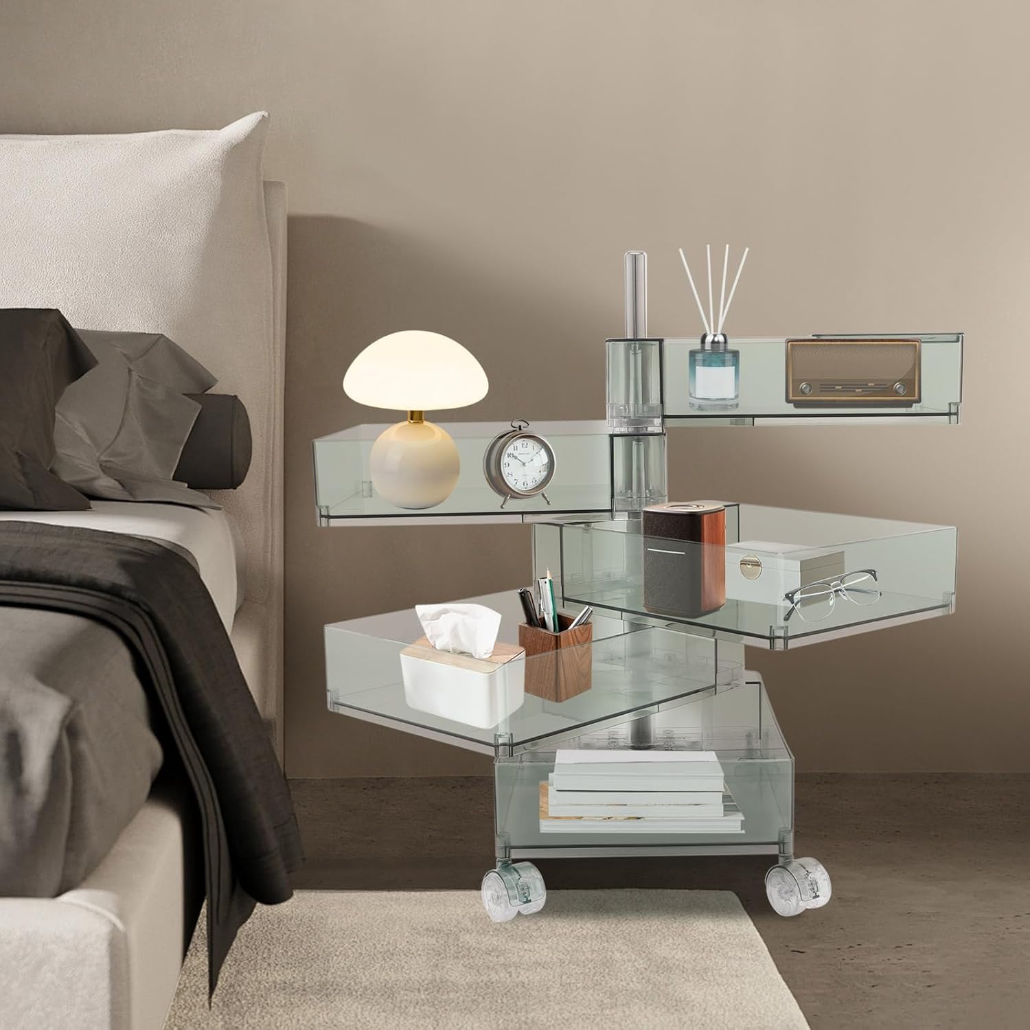 5 Tier Storage Cabinet, 360° Rotating Sofa Side Cabinet, Multi-Functional Rotating Side Table, Mobile Bedside Table, Portable Storage Organizer for Living Room Bedroom Office (Clear Green)