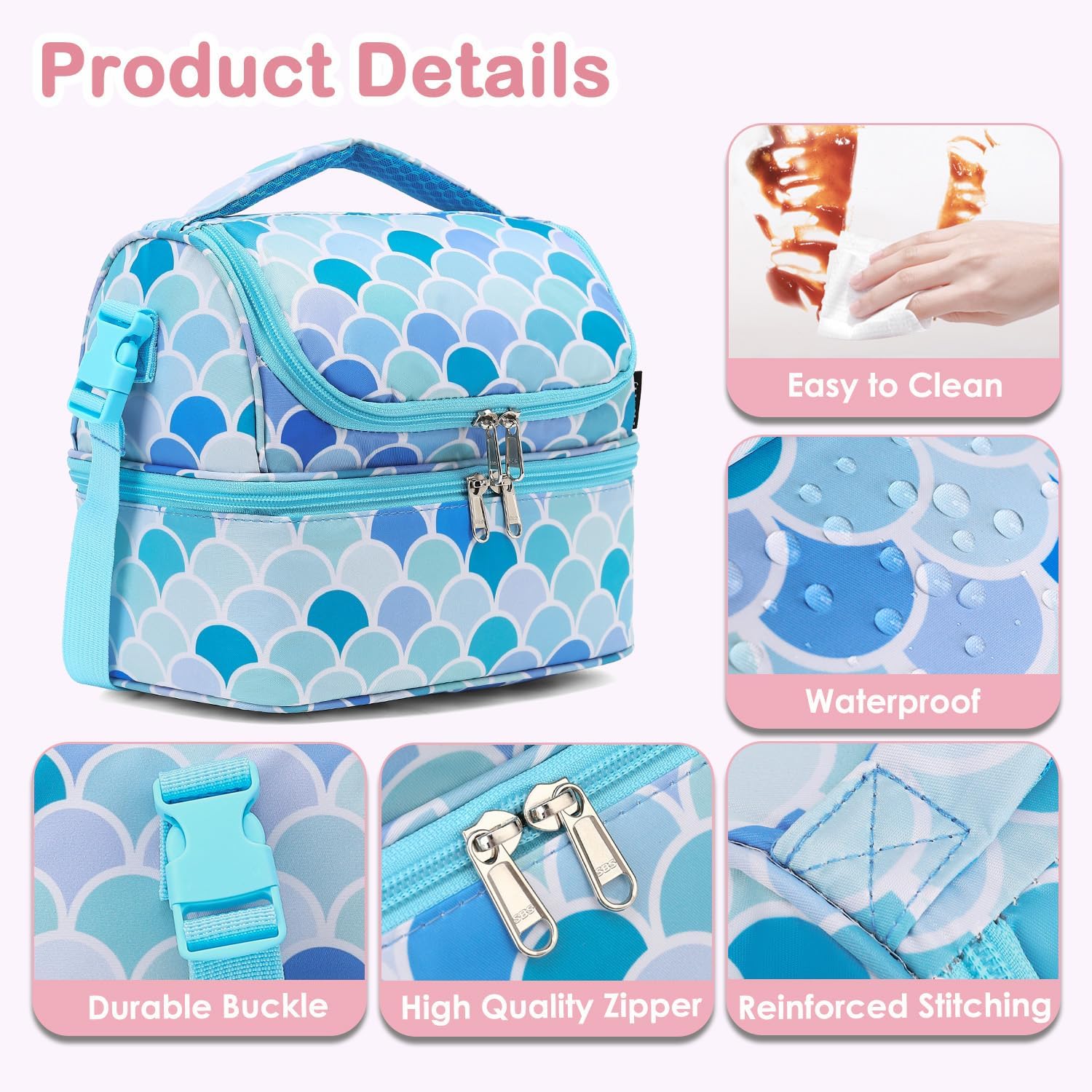 FlowFly Double Decker Cooler Insulated Lunch Bag Large Tote for Boys, Girls, Men, Women, With Adjustable Strap (Mermaid) image 5