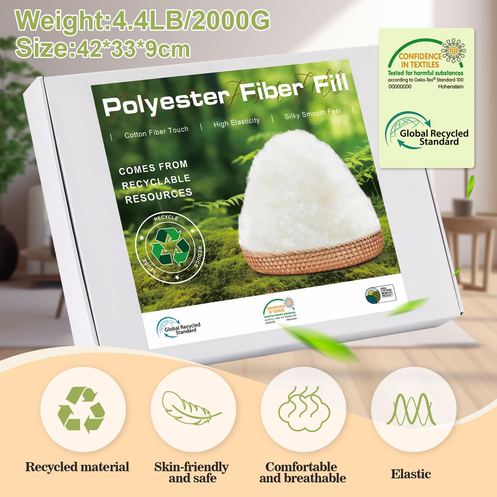 GarfxG Poly Filling Stuffing, Premium Polyester Fiber Fill, 4.4 LB Pillow Stuffing, Stuffing for Stuffed Animals, GRS Certified Machine-Washable Poly-Fil Fiber Fill with Bag