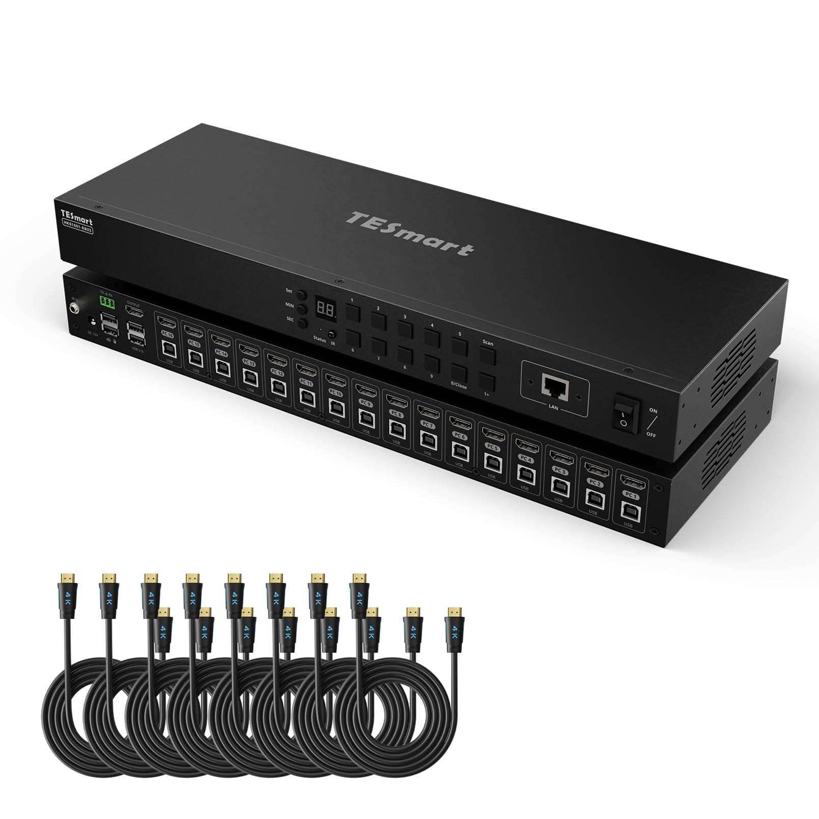 TESmart HDMI KVM Switch 16 Porte 4K@30Hz Ultra HD, Switch KVM Rack per 16 PC e 1 Monitor, Gestione EDID, USB RJ45 RS232 IR LAN, Include 8 Cavi da 1,5m, Modello HKS1601-EB