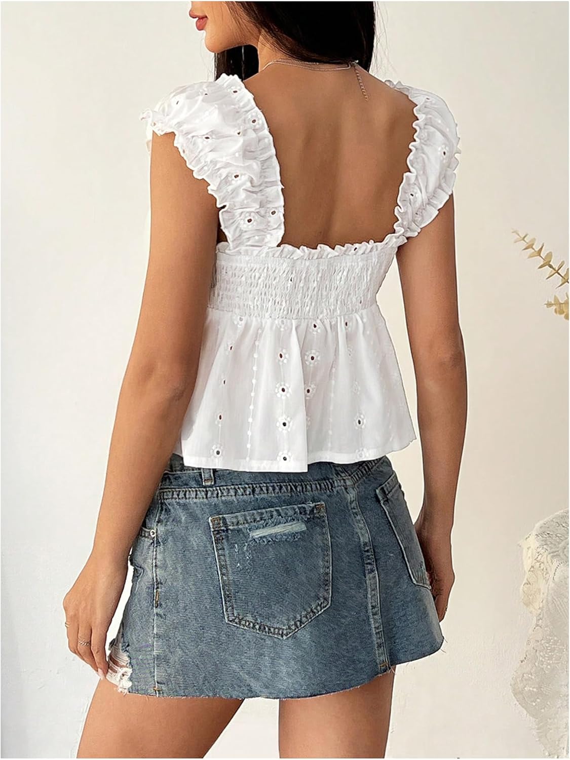 SweatyRocks Women's Square Neck Boho Ruffle Eyelet Embroidery Blouses Peplum Tops - Image 2