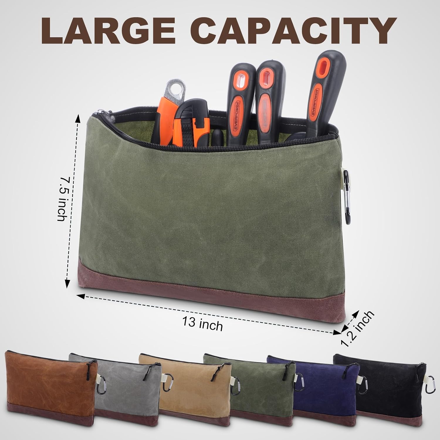 Eccliy 6 Pack Tool Bags Gifts for Man Worker 13 x 7.5 Inch Waxed Canvas Pouch Small Canvas Storage Pouch with Zipper Carabiner Water Resistant Organizer for Tools Gadgets Organizers