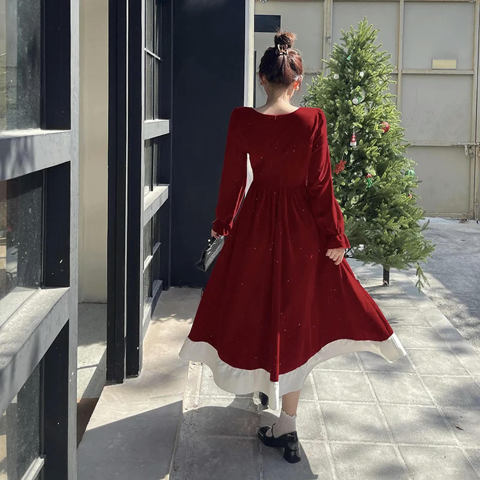 Elegante Abito Rosso da Donna con Gonna a Sbuffo e Colletto Quadrato, Abito da Ballo, Rosso, M