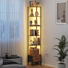 Corner Bookcase with Drawer and LED Light, Tall Bookcase with 6 Shelves (191 cm), Narrow for Living Room or Bedroom, Fabric Drawer, Retro Brown