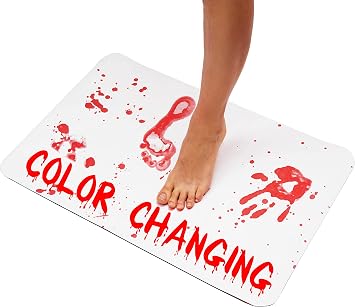 Murder Mat Color-Changing Blood Bath Mat, Red Prints When Wet, Party Prank | Non-slip, non-absorbent bloody bath mat shows red footprints wet, then fades dry; color changing bath mat for Halloween decor