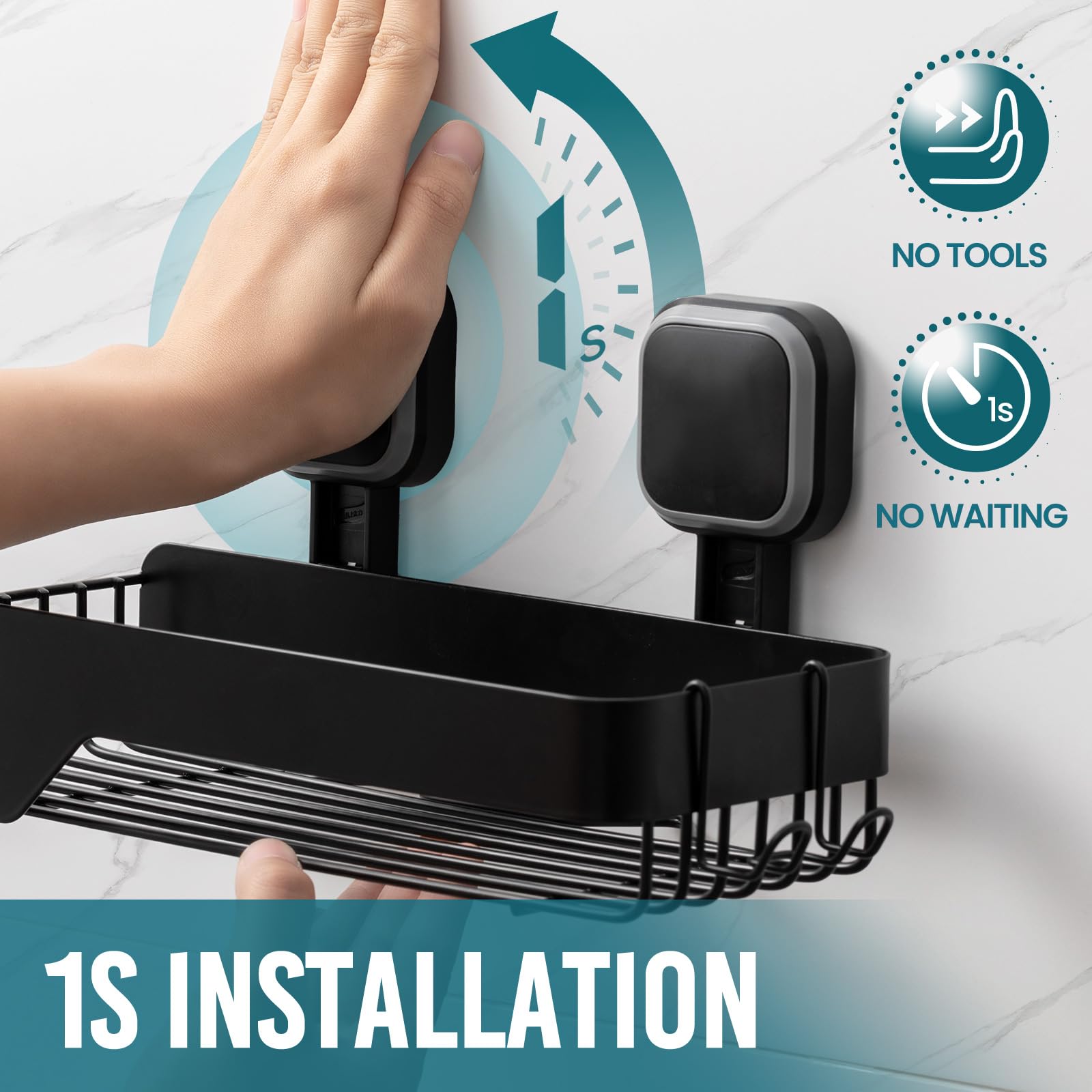TAILI Shower Caddy Suction Cup 2 Pack,Stainless Steel Rustproof Shower Shelves,No Drilling Wall Mounted Basket,Large Capacity,Removable Suction Cup Bathroom Organizers & Home Decor,2 x Black - Image 2