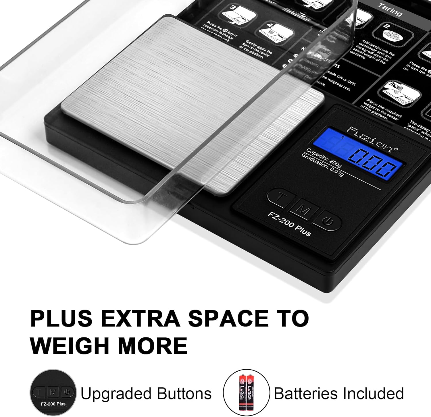 Close-up of the Fuzion FZ-200 Plus scale's LCD display showing various measurement units like grams, ounces, and carats.
