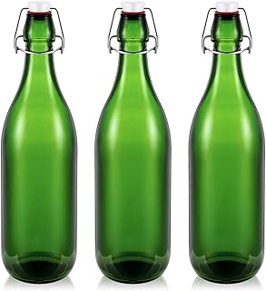 3 Pcs Green Glass Bottle 1 L / 33.75 oz Decorative Bottles Green Swing Top Glass Bottles with Airtight Lid for Homemade Wine DIY Make Your Own Drinks, Decoration for Centerpieces