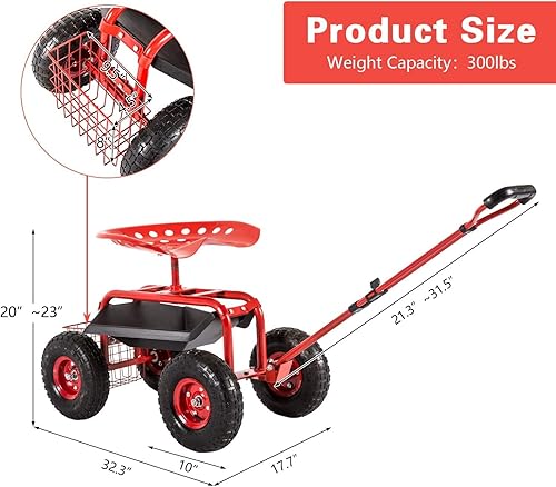Miniatura 3 de Carrito de jardín con asiento giratorio de grado ajustable para césped, patio, carrito para plantar, mango ajustable, asiento giratorio de 360