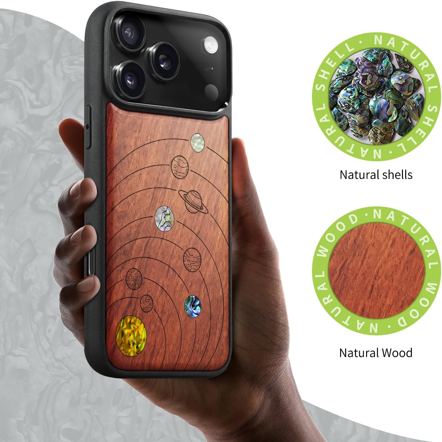 Carveit Magnetic Case for iPhone 17 Pro Case, Wood Artisan Engraved & Handmade Shell Inlaid, TPU Shockproof Cover, Compatible with MagSafe Wireless Chargers (Solar System-Rosy)
