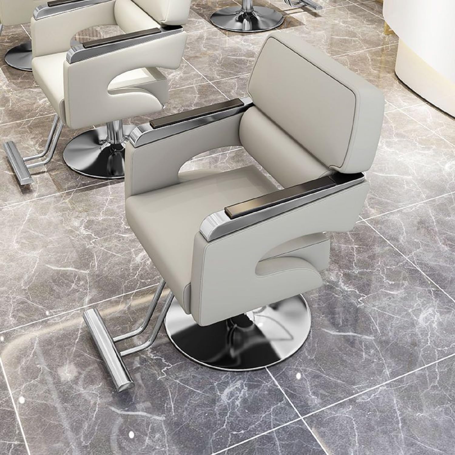 Salon Chair Reclining Chair 360°Swivel, Height Adjustable Stylist Suitable for Beauty, Hairdressing,Beige,Silver Plate