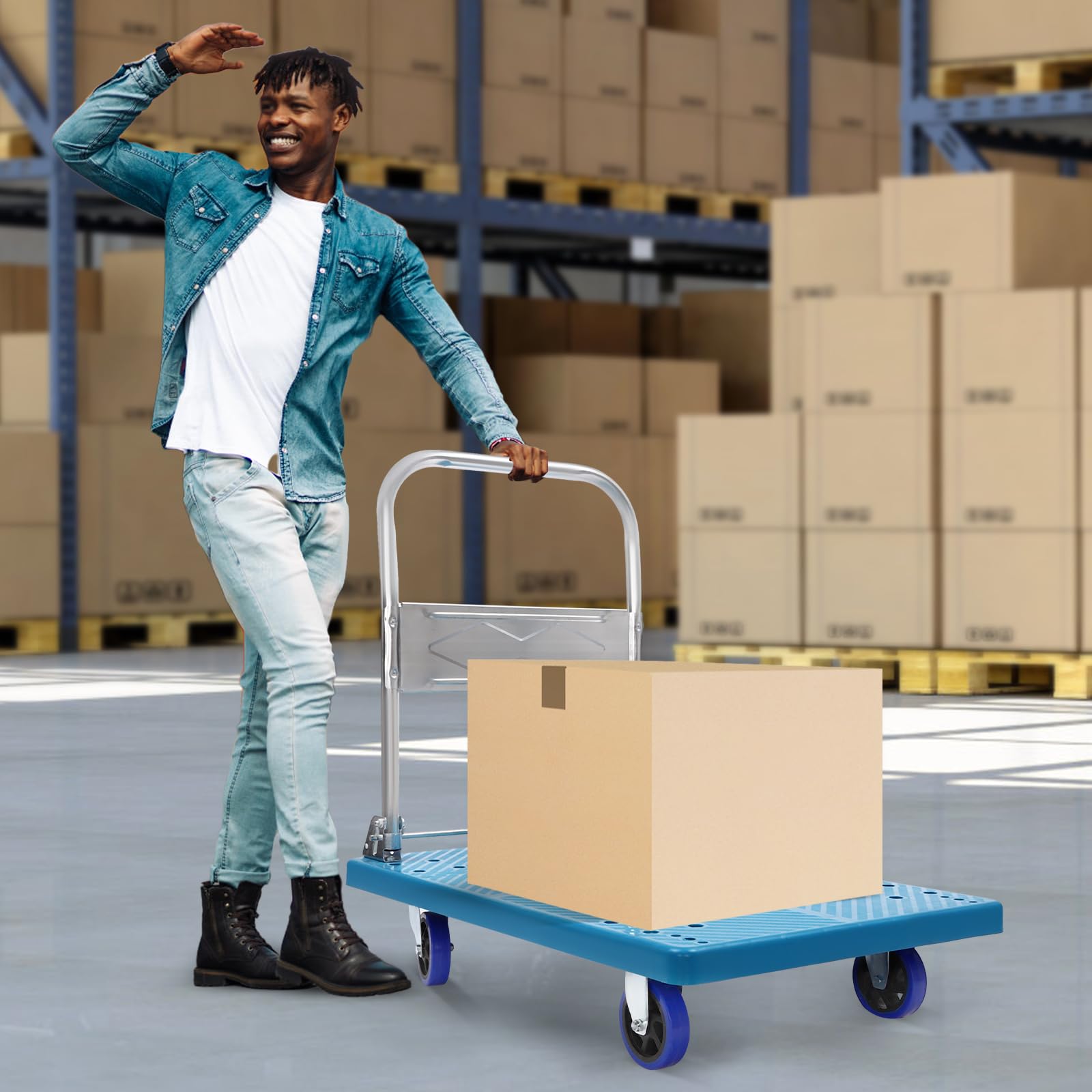 Carrello pieghevole per il trasporto con piattaforma, portata 300 kg, con rivestimento antiscivolo, 4 ruote in TPR per fabbriche e ristoranti