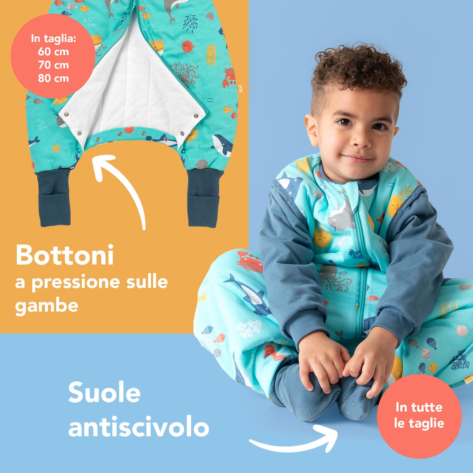 schlummersack Slumbersac Sacco nanna con piedini bambini 2.5 Tog 90 cm Animali marini I Sacco nanna con gambe per dimensione del corpo 90-100 cm | Sacco nanna maniche rimovibili