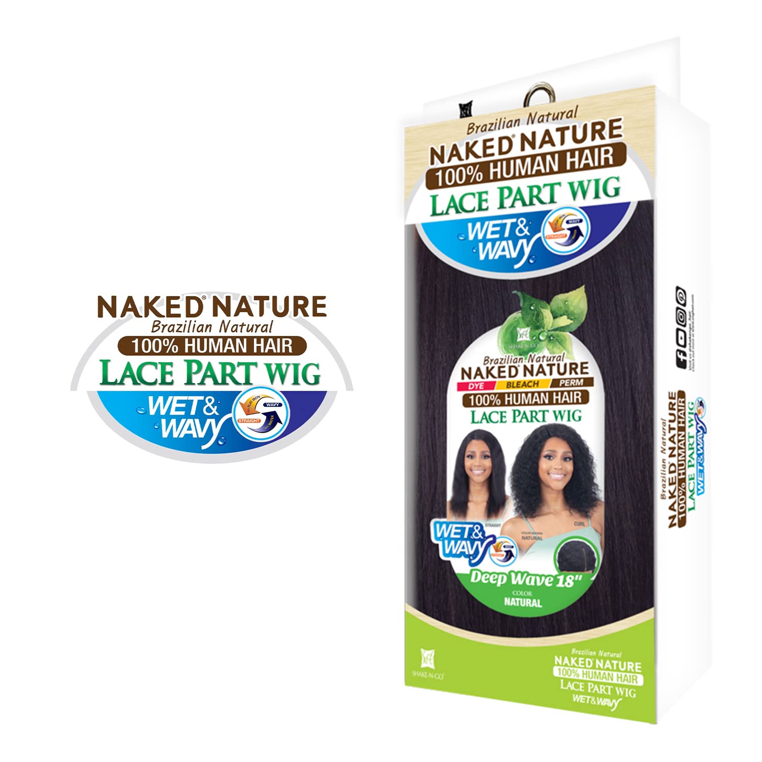 Shake-N-Go Naked Nature Brazilian Natural Human Hair Wig Wet N Wavy Side Lace Part Deep Wave 18inch (NATURAL)