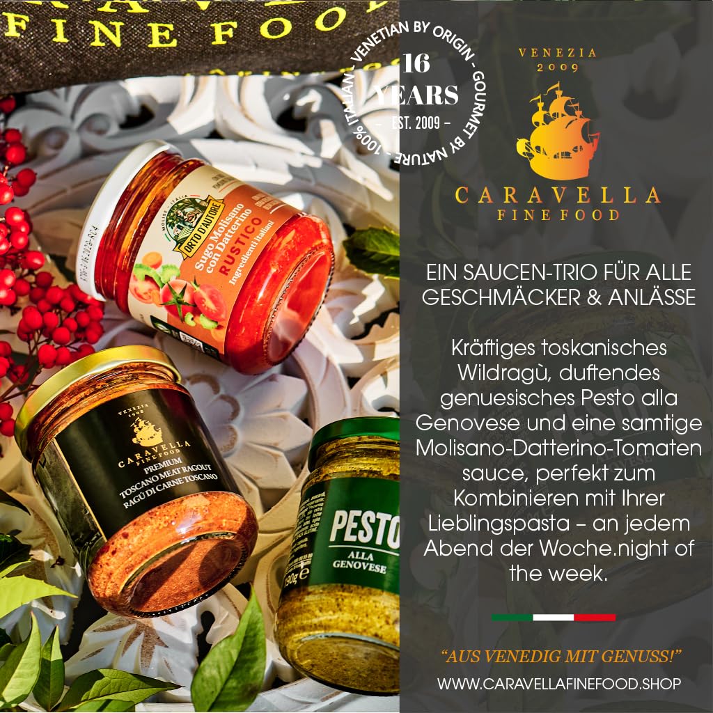 Caravella Fine Food italienisches Pasta Geschenkset mit Tagliatelle Paccheri Parmigiano Reggiano 3 Saucen Bruschette & nativem Olivenöl extra | Premium Feinkost für Weihnachten Geburtstag & Familie
