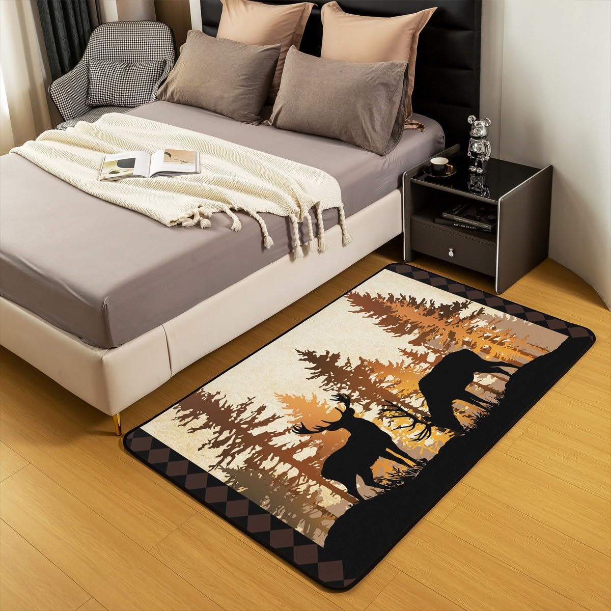 Homewish Rustykalny leśny jeleń dywaniki 100 x 150 cm - polowanie dzika przyroda zwierzę nowoczesny dywan podłogowy wiejski dom wiejski vintage kabina duże dywany, leśne zwierzę nie gubi włosia dywan
