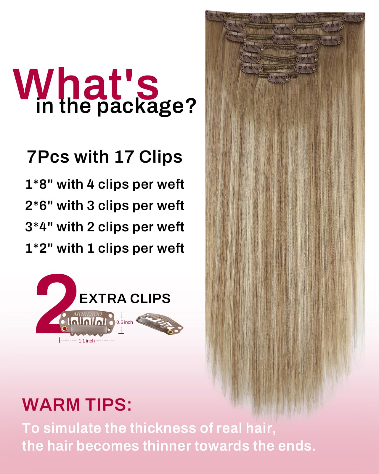 Moresoo Clip in Hair Extensions Real Human Hair Balayage Medium Brown and Blonde Real Hair Extensions Clip in Human Hair for Women Full Head 22 Inch 7pcs/120g #4/6/613 — view 32