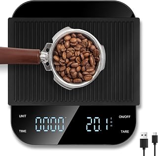 Digitale Kaffeewaage mit Timer, Espresso Waage mit 0,1g Präziser Graduierung, USB Aufladbar Feinwaage Mini Küchenwaage, Durchflussmessung Coffee Scale mit Tara Funktion, Max 3kg