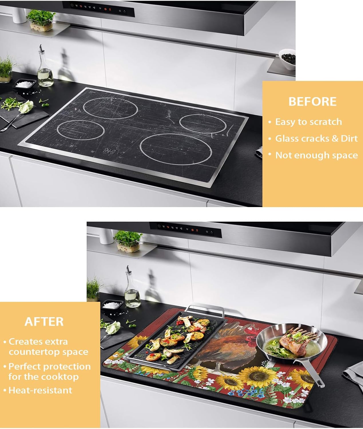 Stove Cover for Electric Stove, Farm Barn Rooster with Sunflower Stove Top Cover for Glass Top, Heat Resistant Rubber Mat Foldable Cooktop Cover Top Protector, 28.5"x20.5"