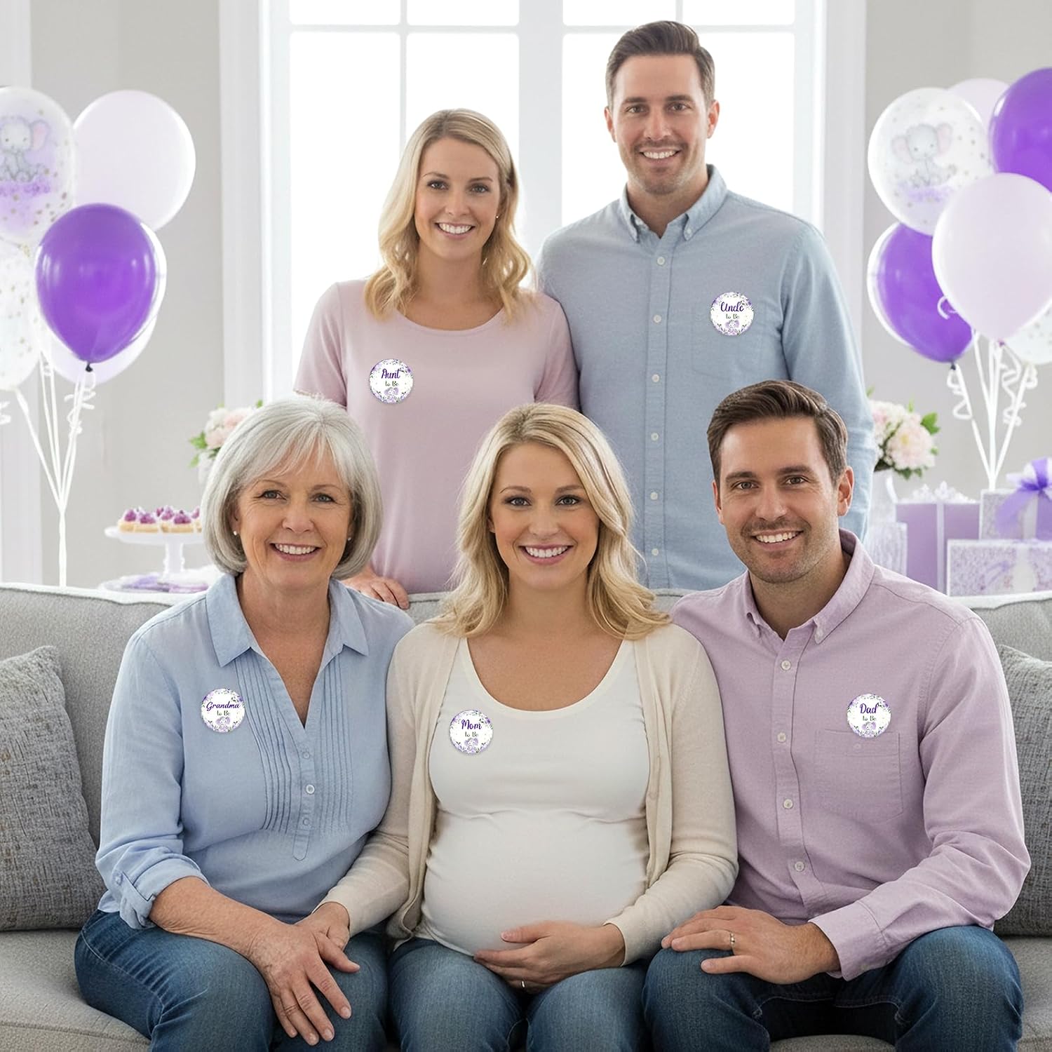 8 Pcs Purple elephant Baby Shower Pin Back Buttons Mommy Dad Aunt Uncle Grandma Grandpa to Be purple elephant Baby Shower Party Favors Accessories