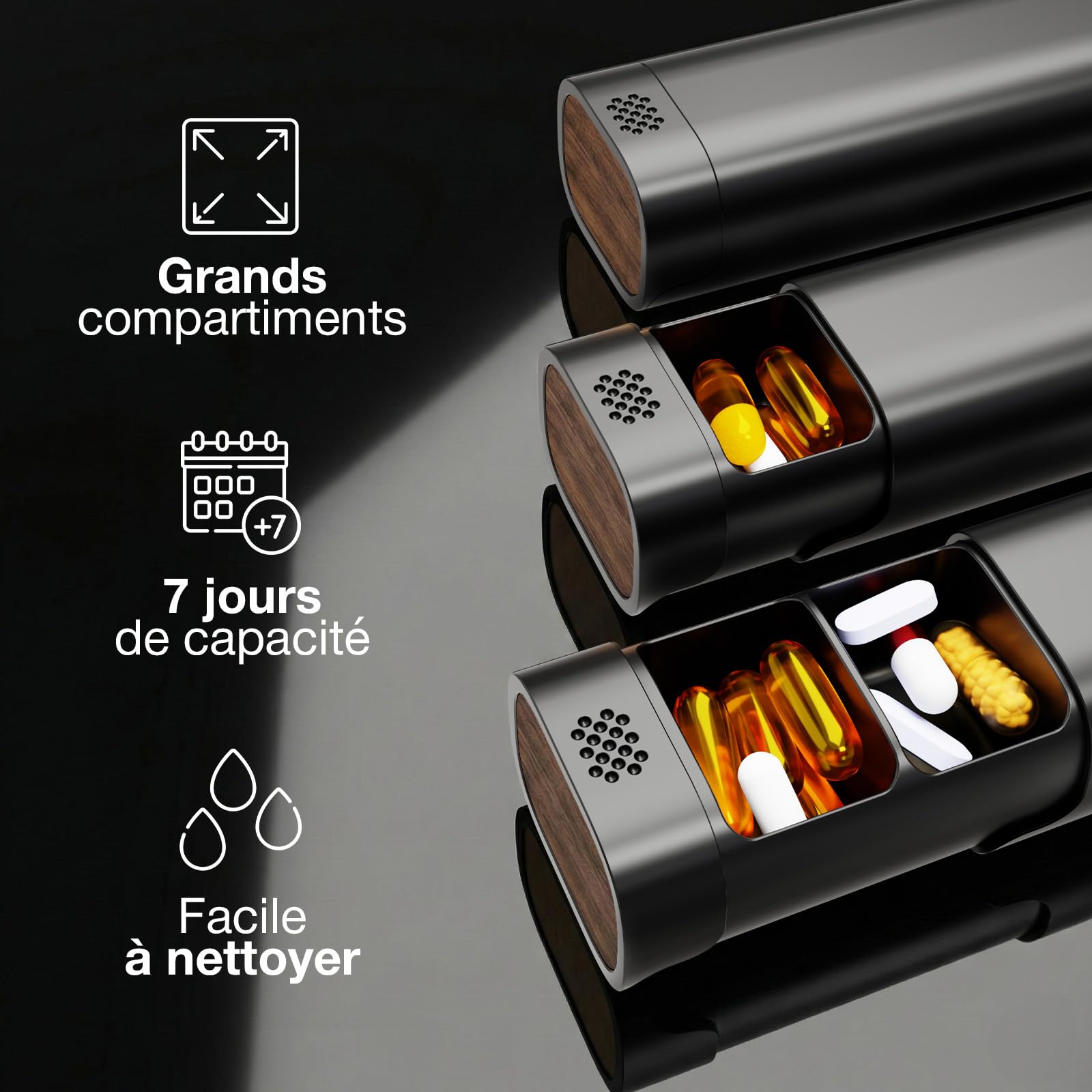Pilulier Semainier en Aluminium - Base en Bois - Grande Capacité | Matière de Qualité Médicale sans Plastique, Mécanisme à Clic Sécurisé, Léger et Pratique en Voyage - Noir